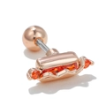 Macro detail of rose gold hot dog piercing stud with orange zircon stones and ball screw back - Creative Hot Dog Rose Gold (EGD0603)