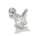 Macro view of heart-shaped zircon ear stud with silver angel wings and screw-back ball - Heart Wings Silver (EGD0626)