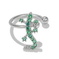 Silver gecko ear cuff with inlaid emerald green cubic zirconia crystals in 18k style - Green Gecko (EGJ0052) / White Gold