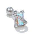 Detailopname van de zilveren kraakbeunstud met een rechthoekige aurora edelsteen - Vierkante AB Stijl (EGD0584) / Zilver