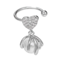 Silver clip-on earring with zircon heart and pearl drop for a minimalist luxury look - Heart Pearl (EGJ0058) / White Gold