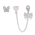 Détail de la puce d'oreille cœur rose et boucles d'oreilles nœud papillon argenté - Parure de Bijoux 3 Pièces (TZ00125 Couleur Argent)