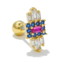 Macro shot of 20G stainless steel heart ear stud with colorful zircon stones and ball back - Colorful Rectangular Geometric Style (EGD0738) / Gold