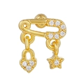 Gold safety pin earring with heart lock and star pendants featuring cubic zirconia accents - Pin Heart Star Style (EGD0562) / Gold