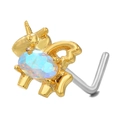 Piercing de nariz unicornio dorado en forma de L con piedra opale azul para mujer - Estilo Unicornio (BD00593) / Dorado