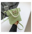 Sweet light green crossbody bag with pearl chain handle and metallic bow decoration - Green