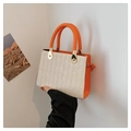 Handwoven summer tote bag in beige straw and vibrant orange leather accents - Orange