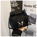 Elegant black pleated velvet bucket bag featuring a silver butterfly charm and chain strap - Basic Style / Black