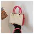 Beige woven handbag with bright pink leather trim and round top handles for summer - Rose Red