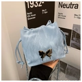 Light blue pleated bucket bag with metallic butterfly clasp and silver chain strap - Basic Style / Blue