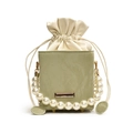 Elegant sage green bucket bag with large pearl handle and drawstring closure - Green