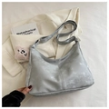 Minimalist grey faux suede tote bag with metallic finish and cute plush bear charm - Silver