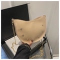 Detail of apricot half-moon bag with rhinestones and golden chain strap for women - Khaki