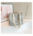 Elegant bamboo embroidery tote bag with traditional water pattern and pearl charm detail - White