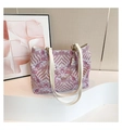 Pink wavy jacquard tote bag with cream leather strap and pearl floral charm - Pink