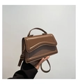 Brown faux leather square crossbody bag with textured wavy flap and gold hardware - Brown