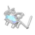 Piercing de nariz en forma de L con unicornio plateado e incrustación de opale irisada - Estilo Unicornio (BD00593) / Plateado