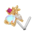 Piercing de nariz en L dorado con circonitas AB en forma de corazón y diseño floral - Estilo de Racimo de Flores (BD00362) / Dorado
