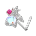 Piercing de nariz en L de cobre con circonitas AB multicolores y detalles de pera - Estilo de Racimo de Flores (BD00362) / Plateado