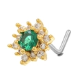 Macro detail of L-shaped nose stud with emerald green stone and zircon flower cluster - Sunflower Style (BD00364 Gold)