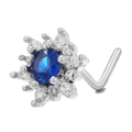 Macro view of L-shaped titanium steel nose stud with blue snowflake zircon cluster detail - Sunflower Style (BD00364 Silver)