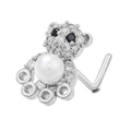 Close-up of L-shaped nose stud featuring a bear design with zircons and a white pearl - Bear Pearl Style (BD00566) / Silver