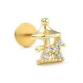 Detail of golden carousel labret stud with white zircons and flat back screw design - Golden Carousel Style (CD00773 Gold)