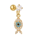 Detailansicht goldener Fisch-Knorpelstecker mit blauem Evil Eye und Zirkonia-Steinen - Gold Böser Blick Fisch Stil (EGD1159)