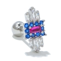 20G steel stud featuring rectangle rose red zircon surrounded by blue stones - Colorful Rectangular Geometric Style (EGD0738) / Silver