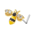 Piercing de nariz en L con abeja dorada, gema negra y detalles en esmalte amarillo - Estilo Abejita(BD00631 Dorado)