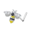 Piercing de nariz en L con diseño de abeja amarilla y alas de circonita brillante - Estilo Abejita(BD00631 Plateado)