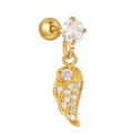 Detailed view of a gold feather pendant earring with sparkling zircon and ball back - Feather Wing Design (EGD1186) / Gold