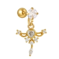 Detailed view of a gold piercing earring with heart-shaped zircon and wing-shaped charms - Winged Heart Style (EGD1188) / Gold