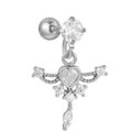 Detailed macro view of silver piercing jewelry with heart-shaped zirconia and wing accents - Winged Heart Style (EGD1188) / Silver