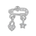 Silver safety pin earrings with cubic zirconia heart and star charms on white background - Pin Heart Star Style (EGD0562) / Silver