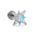 Macro shot of star stud piercing with iridescent opal heart and crystal zircon accents - Silver