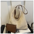 Detail of hollow woven tote bag with brown leather handles and removable inner pouch - Beige Bag With Coffee Strap Set / Brown