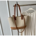 Borsa tote intrecciata stile francese beige e marrone con sottili manici in pelle - Cachi