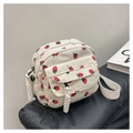 Beige corduroy crossbody shell bag with red strawberry print and rope strap - White