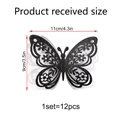 Detailed size chart for 12pcs set of 3D hollow black butterfly wall stickers with glitter - Black