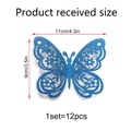 Detailed view of 12pcs blue glitter 3D hollow butterfly wall stickers measuring 11x9cm - Blue