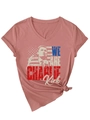 Detail of V-neck mauve T-shirt featuring a Charlie Kirk graphic and American flag print - S / Rose Gold