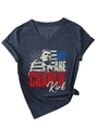 Detail of V-neck T-shirt showing Charlie Kirk portrait print and navy blue cotton fabric - S / Navy Blue
