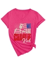 Detail of magenta V-neck T-shirt showing Charlie Kirk print and American flag design - S / Rose Red