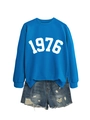 Detail of blue 1976 sweatshirt paired with distressed ripped denim shorts on white background - Lake Blue Sweatshirt (White Font)