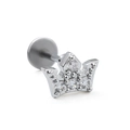 Gros plan sur un piercing labret couronne en argent serti de zircons brillants - Forme Couronne à Quatre Pierres (CD01039 Blanc K)