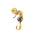 Goldenes Seepferdchen Labret Piercing mit bunten Zirkoniasteinen und flacher Rückseite - Seahorse Style (CD00424) / Gold
