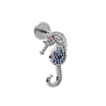 Detailansicht eines Seepferdchen-Ohrsteckers mit blauen und rosa Zirkon-Inlays - Seahorse Style (CD00424) / Silber