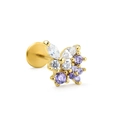 Vista detallada del labret dorado con un conjunto de circonitas púrpuras y blancas - Estilo Racimo de Flores de Circón Morado (CD00466 Dorado)