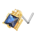 L-shaped gold nose stud with square blue zircon and vintage geometric robot design - Blue Gemstone Style (BD00311 Gold)